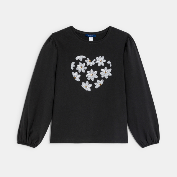 تيشيرت مزين بطبعة مطرزة بالترتر السحري باللون الأسود للفتيات